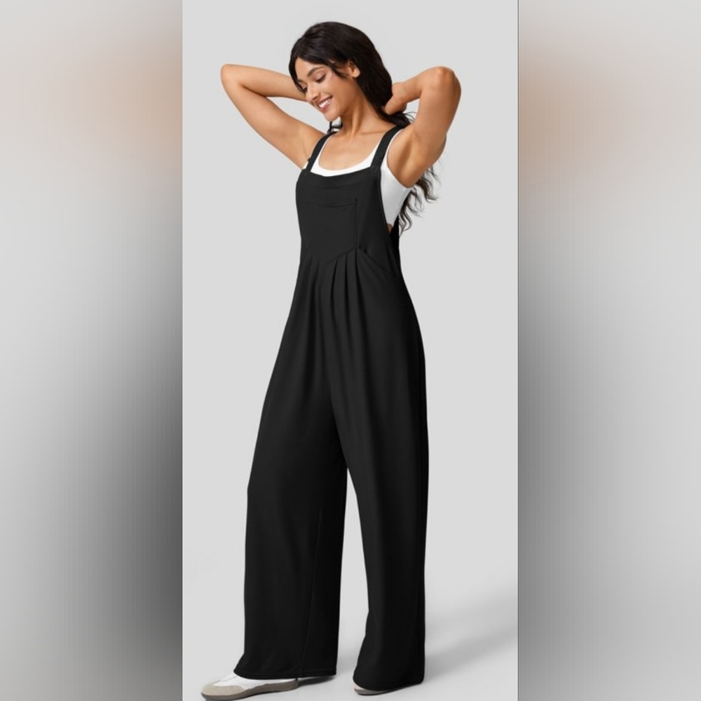 Halara adjustable strap button waffle casual overalls, Black, Size Large